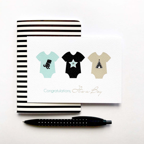3 Baby Boy Rompers Greeting Card by mumandmehandmadedesigns- An Australian Online Stationery and Card Shop