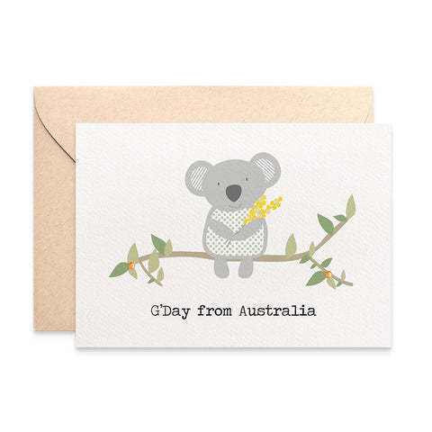 Koala holding wattle Greeting Card by mumandmehandmadedesigns- An Australian Online Stationery and Card Shop