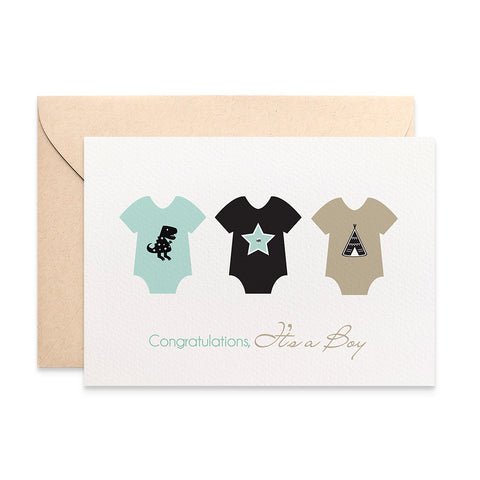 3 Baby Boy Rompers Greeting Card by mumandmehandmadedesigns- An Australian Online Stationery and Card Shop