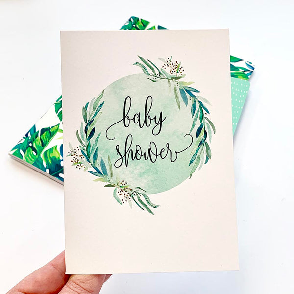 Baby Shower Eucalyptus Frame Greeting Card by mumandmehandmadedesigns- An Australian Online Stationery and Card Shop