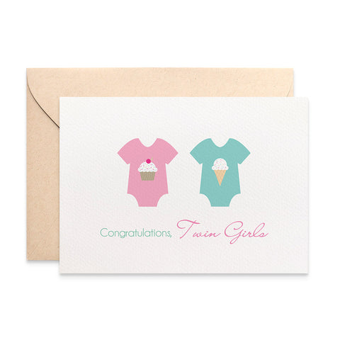 Twin Girls Baby Rompers Greeting Card by mumandmehandmadedesigns- An Australian Online Stationery and Card Shop