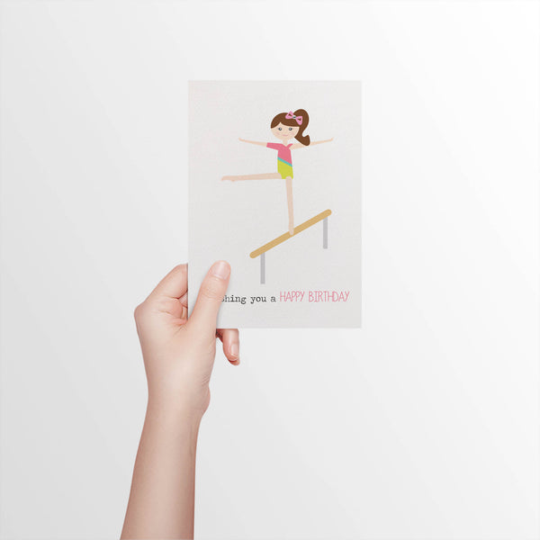 Gymnastics Girl on Beam Greeting Card by mumandmehandmadedesigns- An Australian Online Stationery and Card Shop