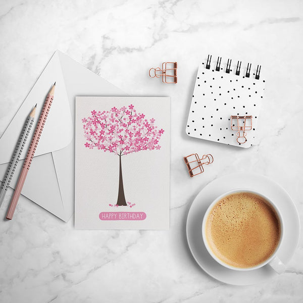 Pink Cherry Blossom Tree Greeting Card by mumandmehandmadedesigns- An Australian Online Stationery and Card Shop