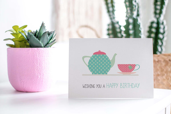 Tea Pot with Teacup Greeting Card by mumandmehandmadedesigns- An Australian Online Stationery and Card Shop