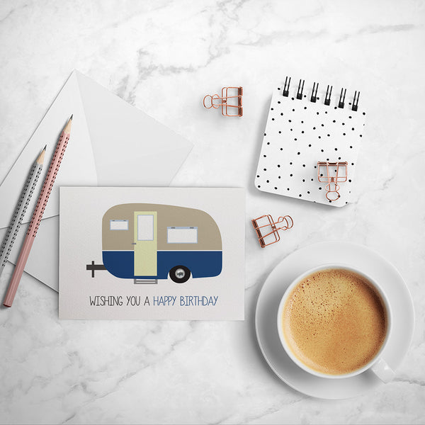 Blue Caravan Camper Greeting Card by mumandmehandmadedesigns- An Australian Online Stationery and Card Shop