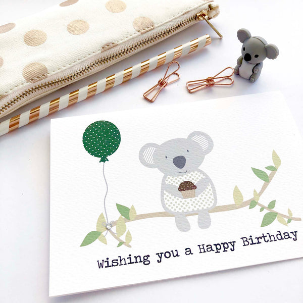 Koala with Balloon Greeting Card by mumandmehandmadedesigns- An Australian Online Stationery and Card Shop