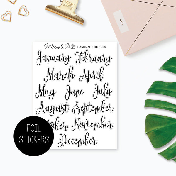 Foiled - Script Monthly Headers-Planner Stickers by Mum and Me Handmade Designs - An Australian Online Stationery, Planner Stickers and Card Shop