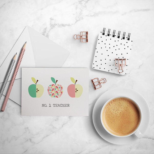 Teacher Pink Green Apples Greeting Card by mumandmehandmadedesigns- An Australian Online Stationery and Card Shop