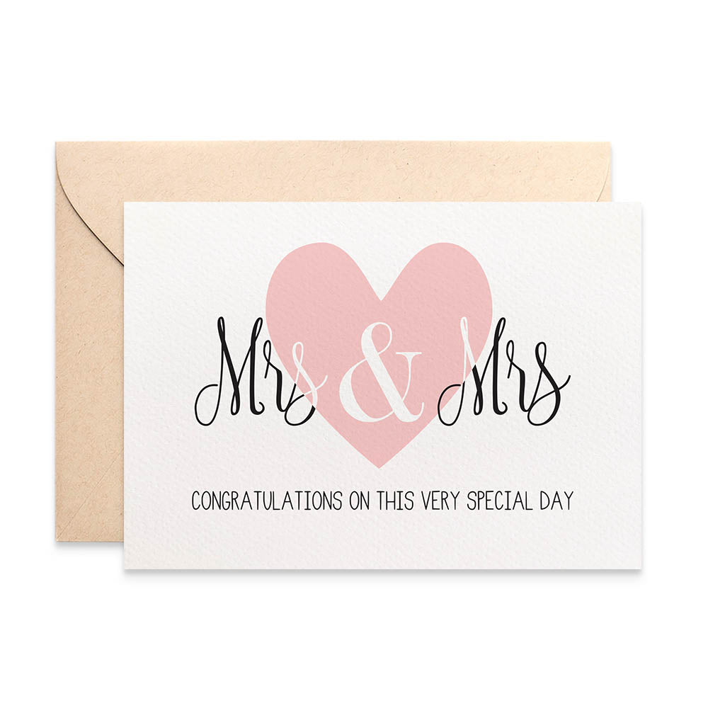 Mrs & Mrs Lrg Blush Heart Greeting Card by mumandmehandmadedesigns- An Australian Online Stationery and Card Shop