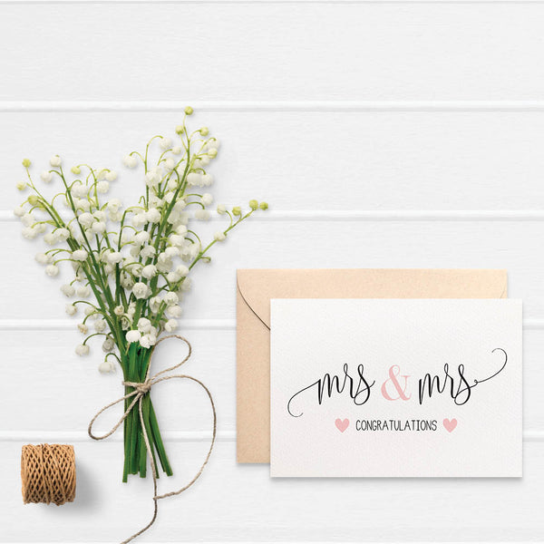 Mrs & Mrs Blush Hearts Greeting Card by mumandmehandmadedesigns- An Australian Online Stationery and Card Shop