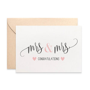 Mrs & Mrs Blush Hearts Greeting Card by mumandmehandmadedesigns- An Australian Online Stationery and Card Shop