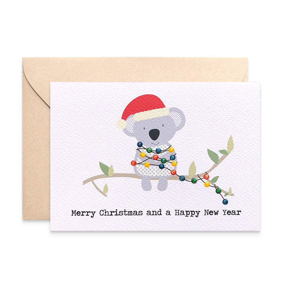 Koala with Christmas Lights Greeting Card by mumandmehandmadedesigns- An Australian Online Stationery and Card Shop