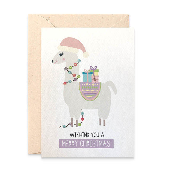 Llama with Christmas Lights Greeting Card by mumandmehandmadedesigns- An Australian Online Stationery and Card Shop