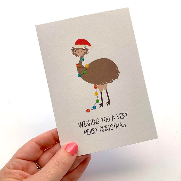 Emu with Christmas Lights Greeting Card by mumandmehandmadedesigns- An Australian Online Stationery and Card Shop