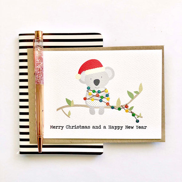 Koala with Christmas Lights Greeting Card by mumandmehandmadedesigns- An Australian Online Stationery and Card Shop