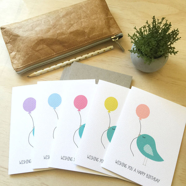 Set of 5 - Birdies Balloons Greeting Cards by mumandmehandmadedesigns- An Australian Online Stationery and Card Shop