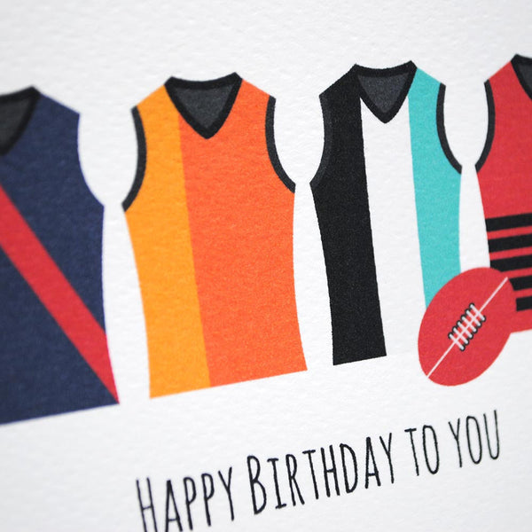 AFL Footy Jerseys Greeting Card by mumandmehandmadedesigns- An Australian Online Stationery and Card Shop